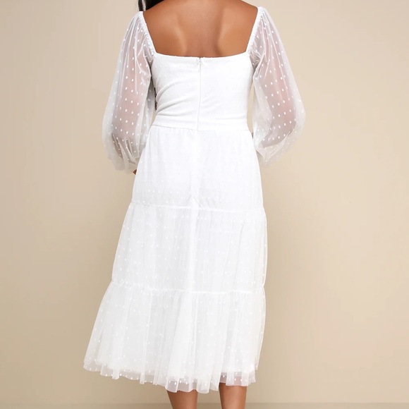 Lulus Affectionate Aura White Swiss Dot Tiered Bustier Midi Dress - Picture 3 of 3